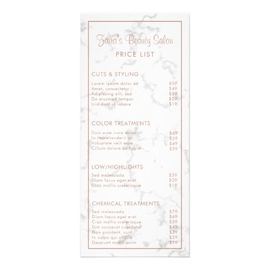 Rose aus Marmor Gold Moderne Beauty Salon Preislis Werbekarte (Vorne)