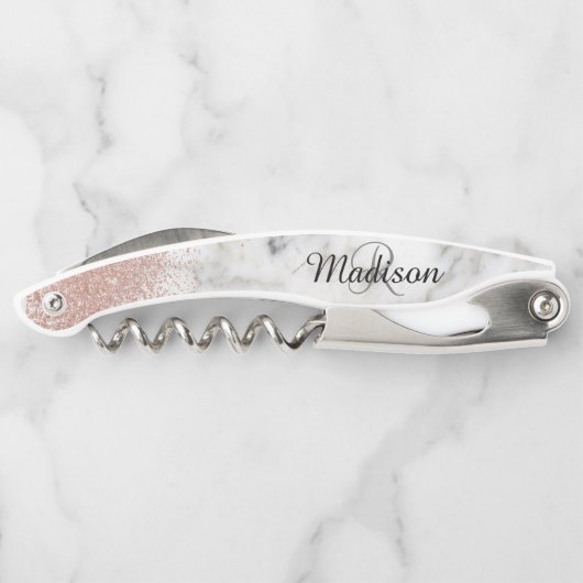 Rose aus Marmor Gold Stilvolle Monogram-Glitzer Kellnermesser (Rückseite)