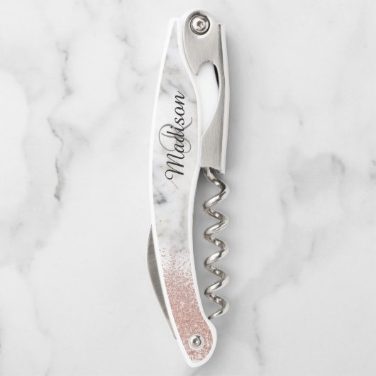 Rose aus Marmor Gold Stilvolle Monogram-Glitzer Kellnermesser (Rückseite)