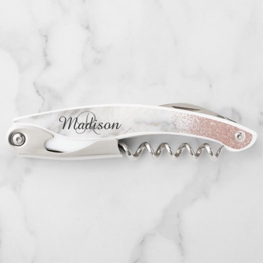 Rose aus Marmor Gold Stilvolle Monogram-Glitzer Kellnermesser (Vorderseite)