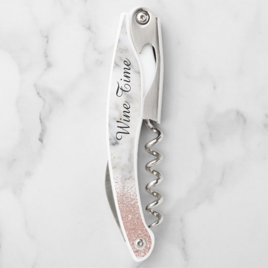 Rose aus Marmor Stilvolle Wine Time Glitzer Kellnermesser (Rückseite)