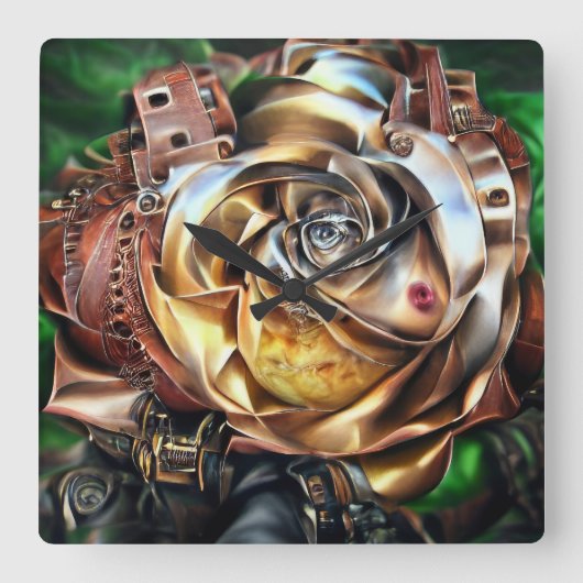 Rose aus Steampunken mit Oberflächengesicht - Mech Quadratische Wanduhr (Vorderseite)