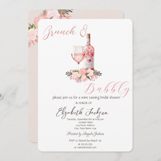 Rose aus Weinglas Brunch & Bubbly Einladung (Vorne/Hinten)