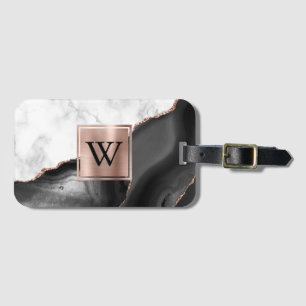 Rose aus weißem Marmor Gold Black Agate Monogramm Gepäckanhänger