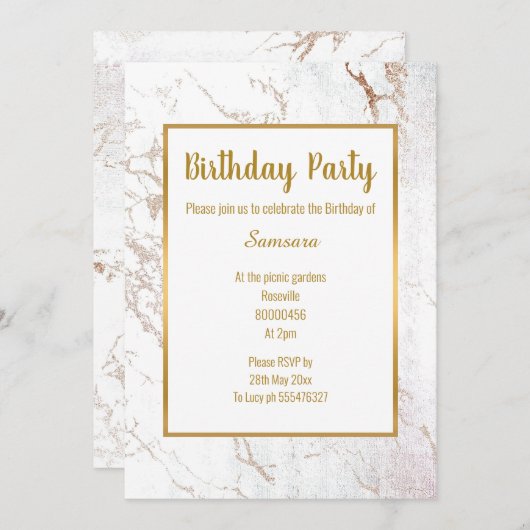 Rose aus weißem Marmor Gold Doppelseitiger GEBURTS Einladung (Vorne/Hinten)