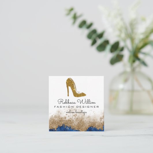 Rose aus weißem Marmor Gold Glitzer High Heels B Quadratische Visitenkarte (Stehend Vorderseite)