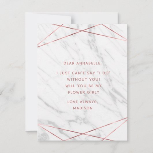 Rose aus weißem Marmor Gold wird mein Blumenmädche Einladung (Rückseite)