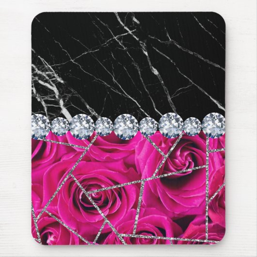 Rose aus weißem Silbermarmor Schwarzer Glitzer Mousepad (Vorne)