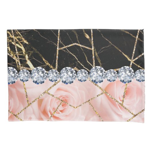 Rose aus weißem Silbermarmor, schwarzer Glitzer-Ta Kissenbezug (Vorderseite)