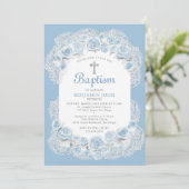 Rose Baby Breath Blue White Elegant Boy Taufe Einladung (Stehend Vorderseite)