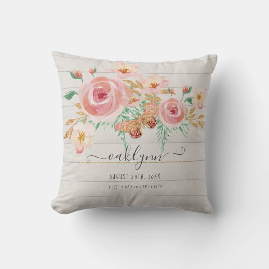 Rose Baby Girl Birth Stats White Wood Kissen (Vorderseite)