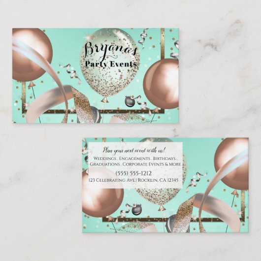 Rose Balloons Minze türkisfarbene Party Planer Visitenkarte (Vorne/Hinten)