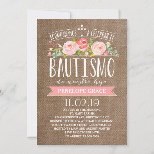 Rose Banner Burlap | Spanisch Bautismo Einladung (Vorderseite)