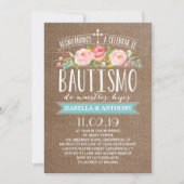 Rose Banner Burlap Twins | Spanisch Bautismo Einladung (Vorderseite)