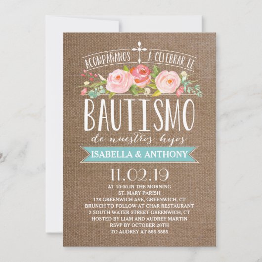 Rose Banner Burlap Twins | Spanisch Bautismo Einladung (Vorderseite)
