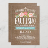 Rose Banner Burlap Twins | Spanisch Bautismo Einladung (Vorne/Hinten)
