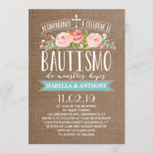 Rose Banner Burlap Twins  Spanisch Bautismo Einladung