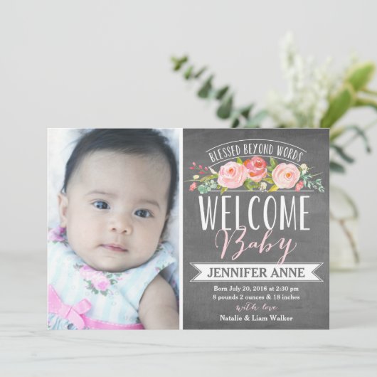 Rose Banner Chalkboard | Geburtsankündigung Ankündigung (Stehend Vorderseite)
