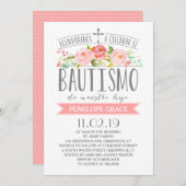 Rose-Banner Rosa| Spanisch Bautismo Einladung (Vorne/Hinten)