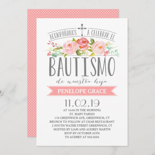 Rose-Banner Rosa| Spanisch Bautismo Einladung (Vorne/Hinten)