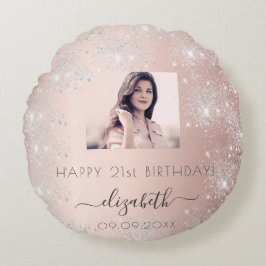 Rose Birthday Gold Schwarz Glitzer Name Foto Rundes Kissen