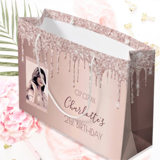 Rose Birthday Gold Zoll Foto Rosa Glitzer Tropfen Große Geschenktüte
