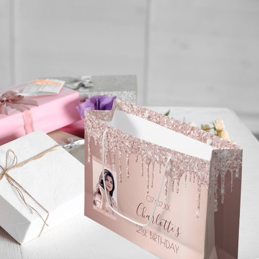 Rose Birthday Gold Zoll Foto Rosa Glitzer Tropfen Große Geschenktüte
