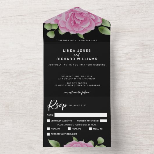 Rose Black All in One Wedding Einladung (Innen Boden)