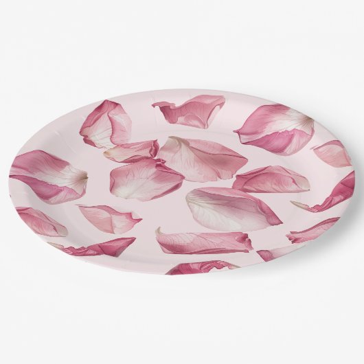 Rose Blätter Muster Petals und Prosecco Bridal Pappteller (Schrägansicht)