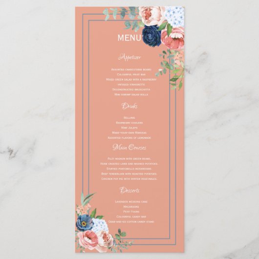 Rose Blau und Blau Menükarte (Vorderseite)