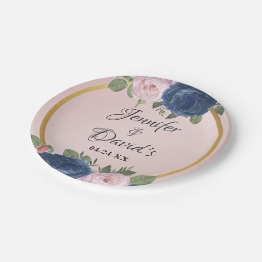 Rose Bloral Navy Blush Pink Gold Hochzeit Pappteller (Schrägansicht)