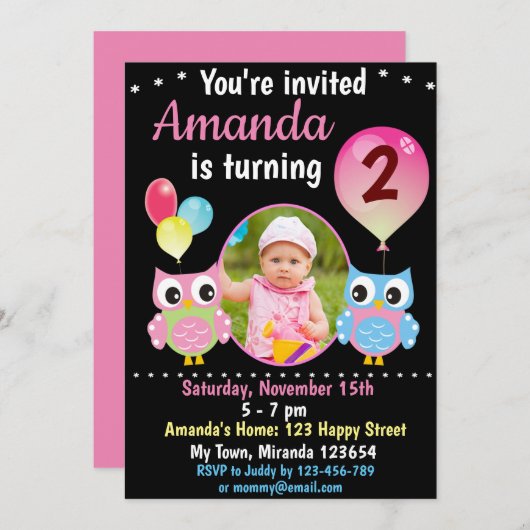 Rose Blue Owl - Einladung (Vorne/Hinten)