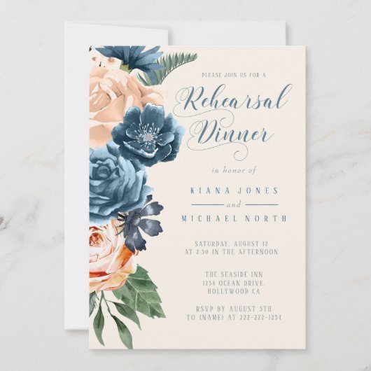 Rose Blue/Peach Probe Dinner ID584 Einladung (Vorderseite)