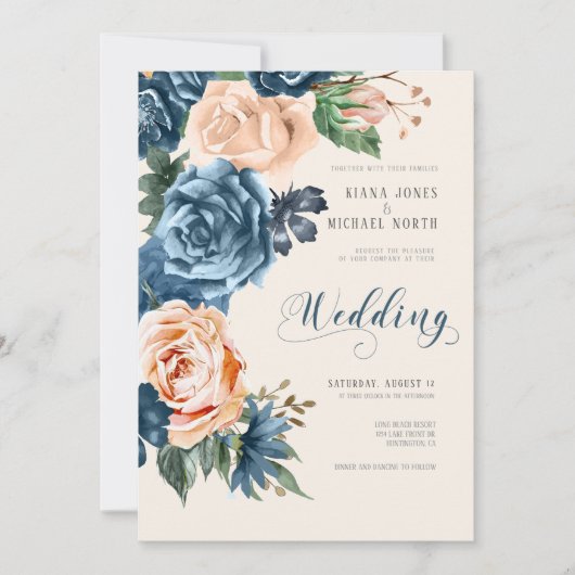 Rose Blue/Peach Wedding ID584 Einladung (Vorderseite)