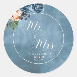 Rose Blue/Peach Wedding Mr. und Mrs. ID584 Runder Aufkleber