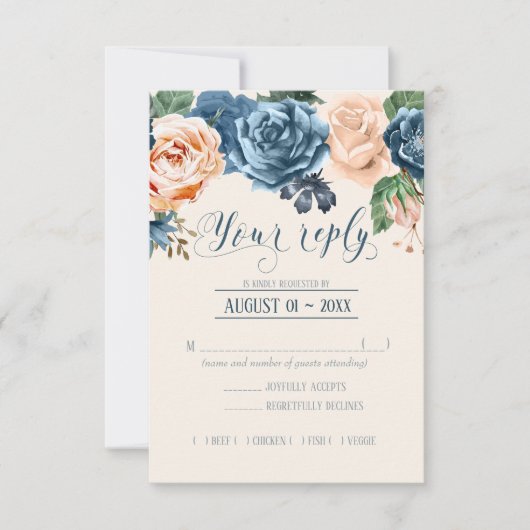 Rose Blue/Peach Wedding RSVP ID584 (Vorderseite)