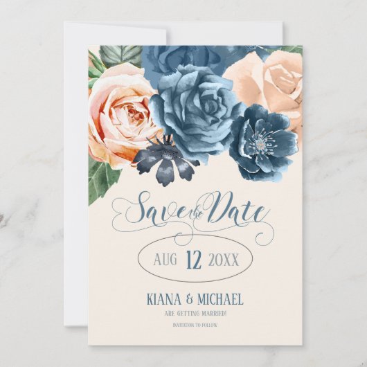 Rose Blue/Peach Wedding Save the Date ID584 (Vorderseite)