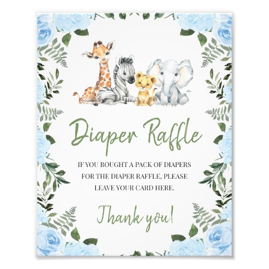 Rose Blue Safari Baby Dusche Windeln Raffle Schild (Vorne)