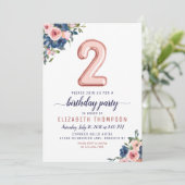 Rose Blues Navy Blush Einladung (Stehend Vorderseite)