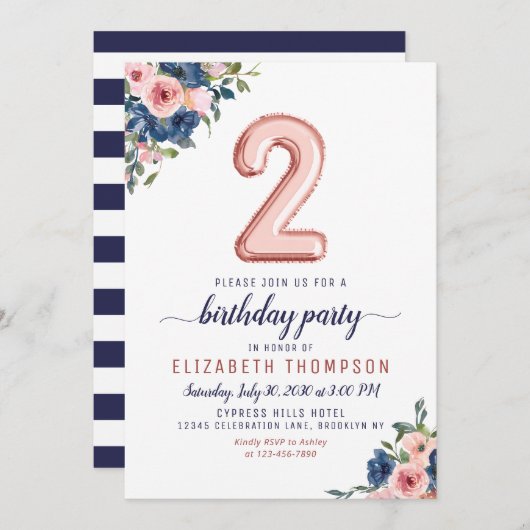 Rose Blues Navy Blush Einladung (Vorne/Hinten)