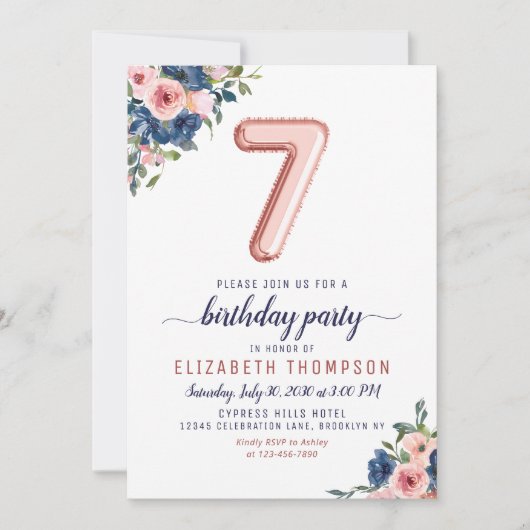 Rose Blues Navy Blush Einladung (Vorderseite)