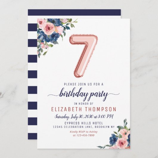 Rose Blues Navy Blush Einladung (Vorne/Hinten)