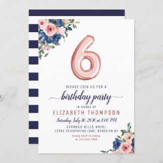 Rose Blues Navy Blush Gold Ballon 6. Geburtstag Einladung