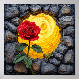 🌹 Rose blüht durch alte Steinmauer ✨ Poster