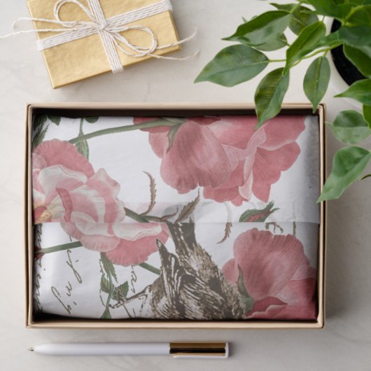 Rose Blume Bird Postcard Französisches Skriptdekou Seidenpapier (Geschenk)