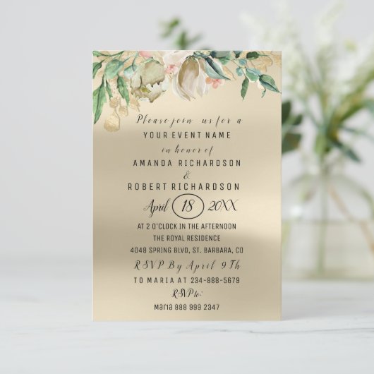 Rose Blume Brunch Green Gold Wasserfarbe Elfenbein Einladung (Stehend Vorderseite)