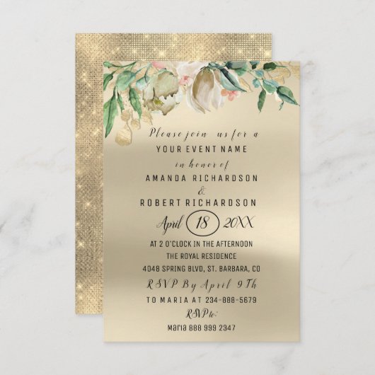 Rose Blume Brunch Green Gold Wasserfarbe Elfenbein Einladung (Vorne/Hinten)