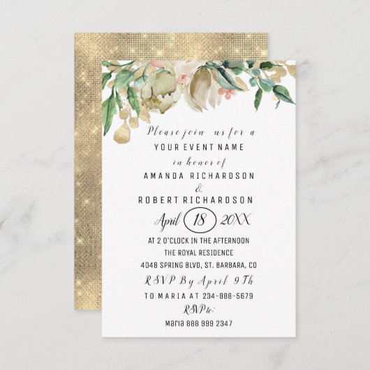 Rose Blume Brunch Grün goldene Farben Weiß Einladung (Vorne/Hinten)