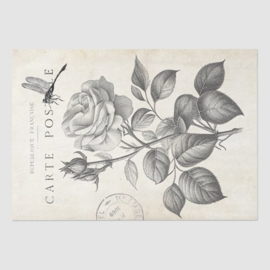 Rose Blume Dragonfly Französisch Postmark Decoupag Seidenpapier (Vorderseite)