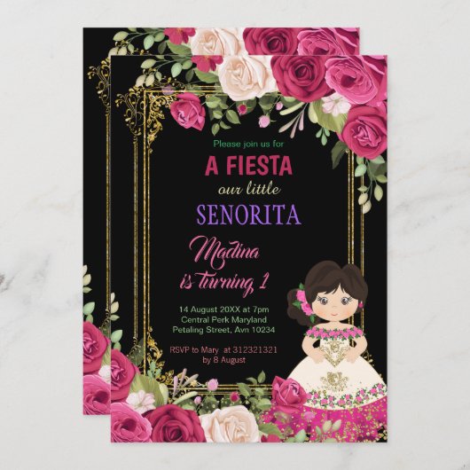 Rose Blume Fiesta Floral 1. Geburtstag Einladung (Vorne/Hinten)